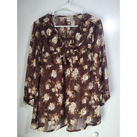 Sabrina Lauren Tops - Sabrina Lauren XL Brown Gold Floral Ruffle Boho Festival Top Fairy Whimsy Sheer